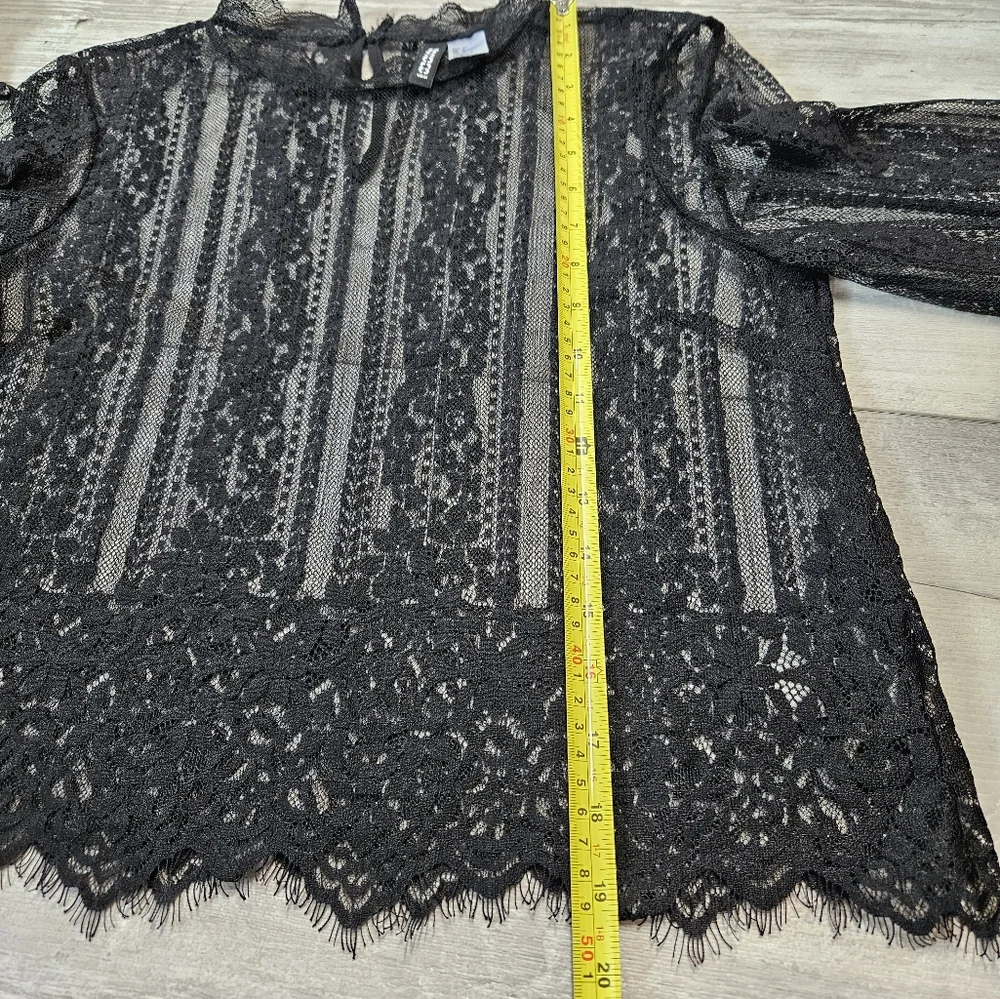H&M Divided Sheer Black Lace LS Top Scalloped Hem Blouse Size 2 Goth Layering